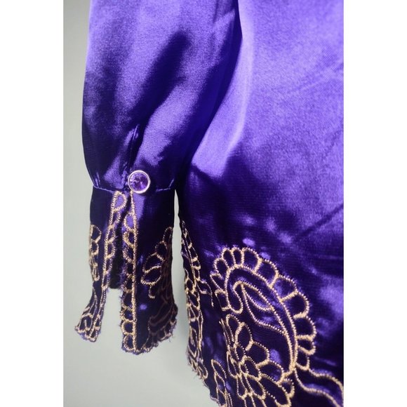 Moon Brand Womens Size M Satin Embroidered Floral Shirt Purple Scallop Edging - Picture 5 of 7